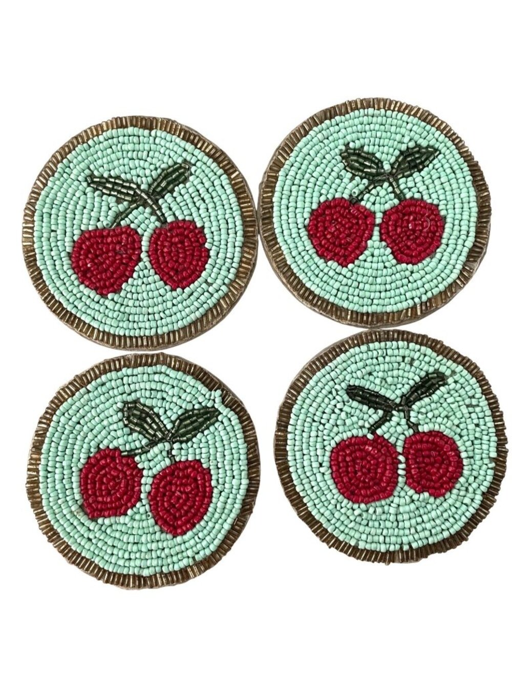 4 Handbeaded Cherry Coasters Round 4" Fruit Teal Red Green Gold Boho Funky